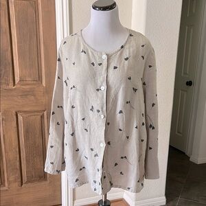 Linen Floral Top Outfit Woman JPR Taupe Top Mother Pearl Button Large Relax Fit